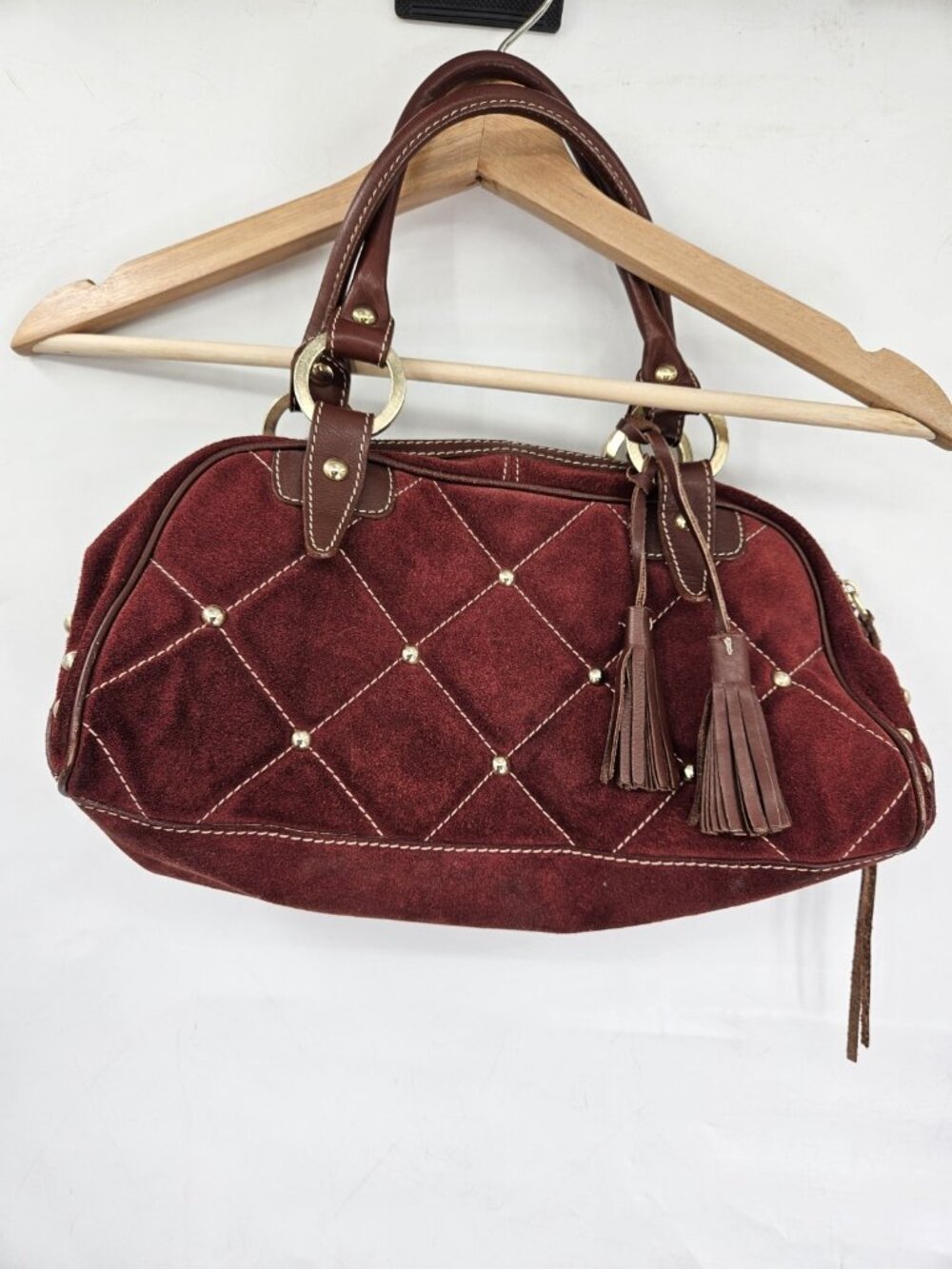 Claudia Firenze Satchel Tan Suede Studded Double Handle Boho Leather Handbag